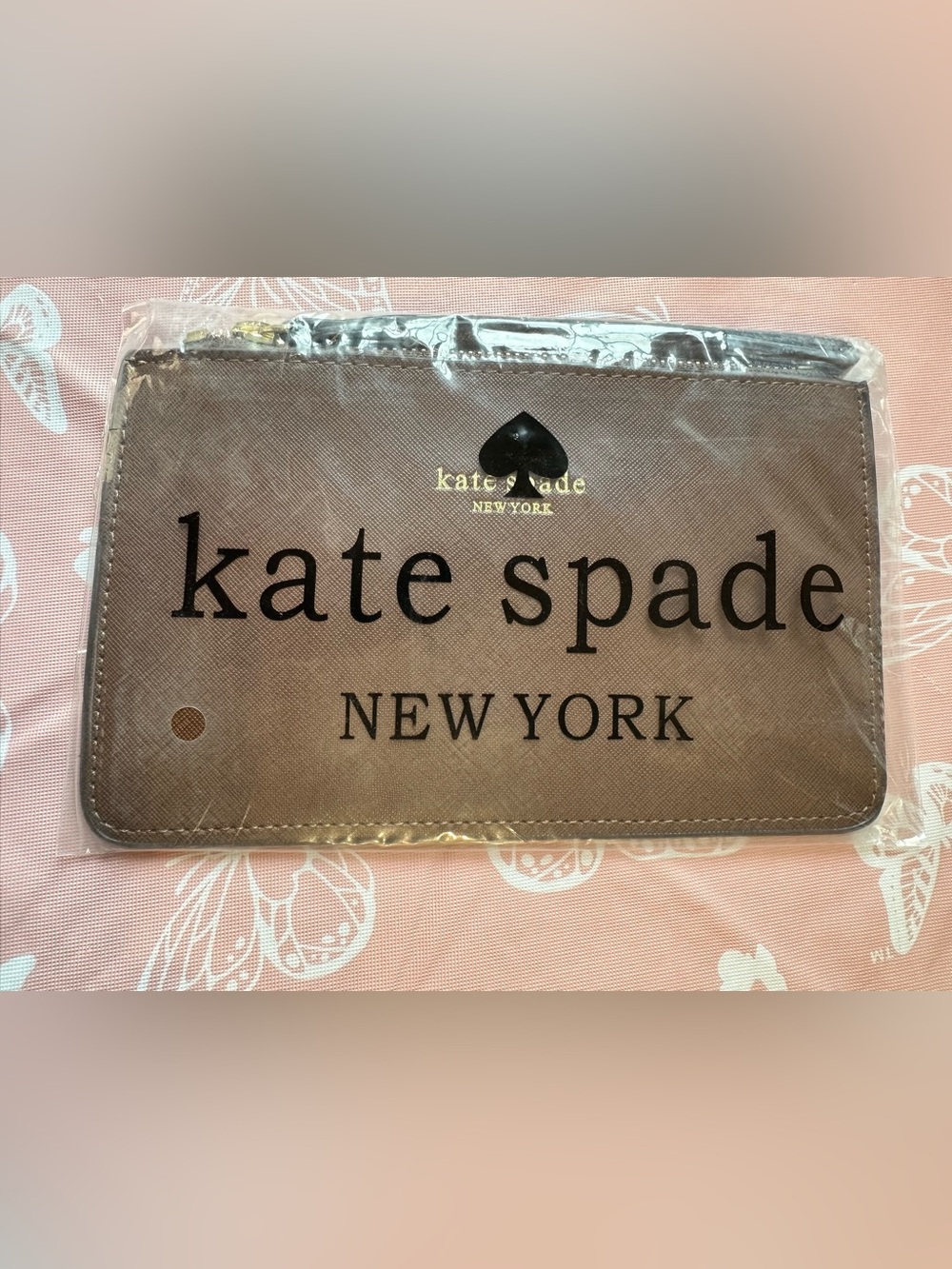 New Kate Spade Brown Logo Zip Wristlet with Gold Accent